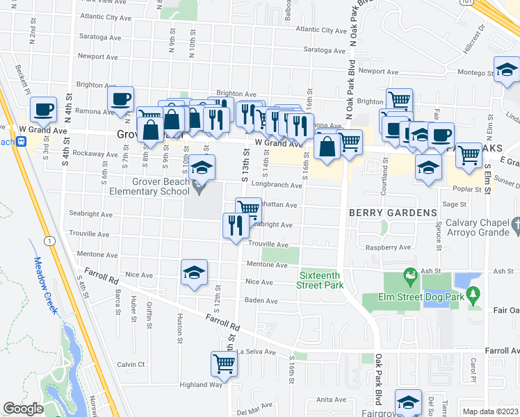 map of restaurants, bars, coffee shops, grocery stores, and more near 1390 Manhattan Avenue in Grover Beach