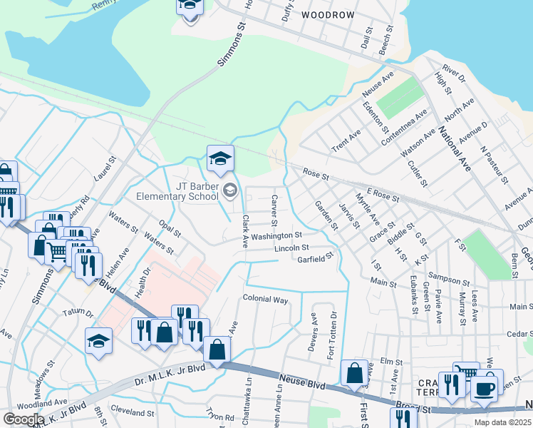 map of restaurants, bars, coffee shops, grocery stores, and more near 1605 Cobb Street in New Bern