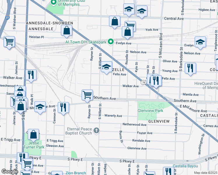 map of restaurants, bars, coffee shops, grocery stores, and more near 1595 Walker Avenue in Memphis