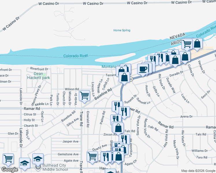 map of restaurants, bars, coffee shops, grocery stores, and more near 1384 Tuthill Lane in Bullhead City