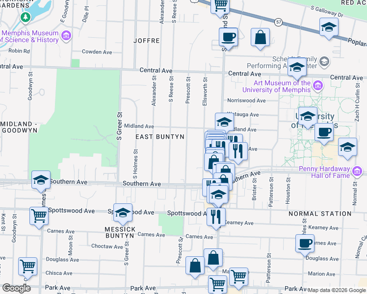 map of restaurants, bars, coffee shops, grocery stores, and more near 501 Prescott Street in Memphis