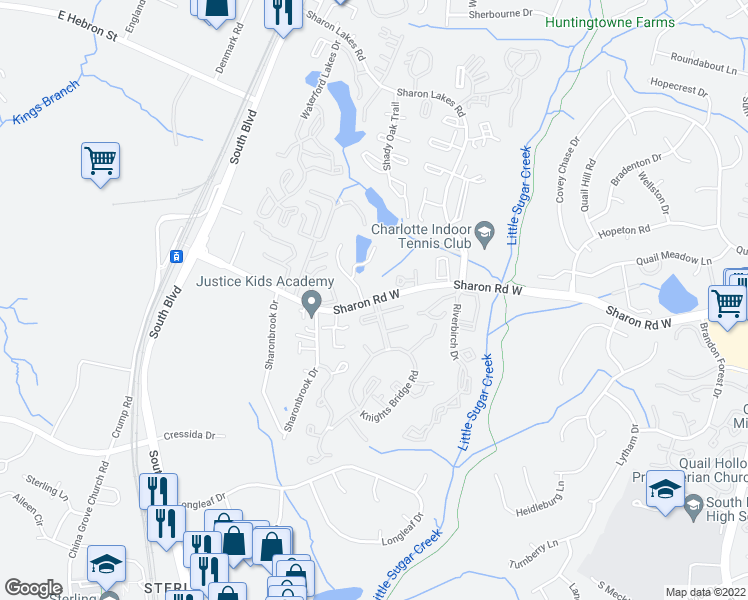 map of restaurants, bars, coffee shops, grocery stores, and more near Sharon Rd W & Regent Park Ln in Charlotte