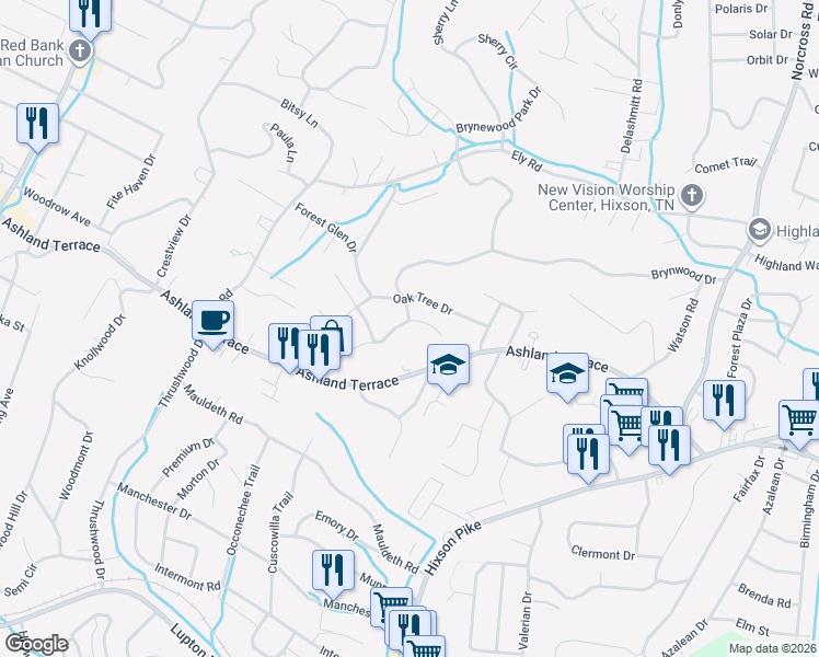 map of restaurants, bars, coffee shops, grocery stores, and more near 708 Highview Drive in Chattanooga