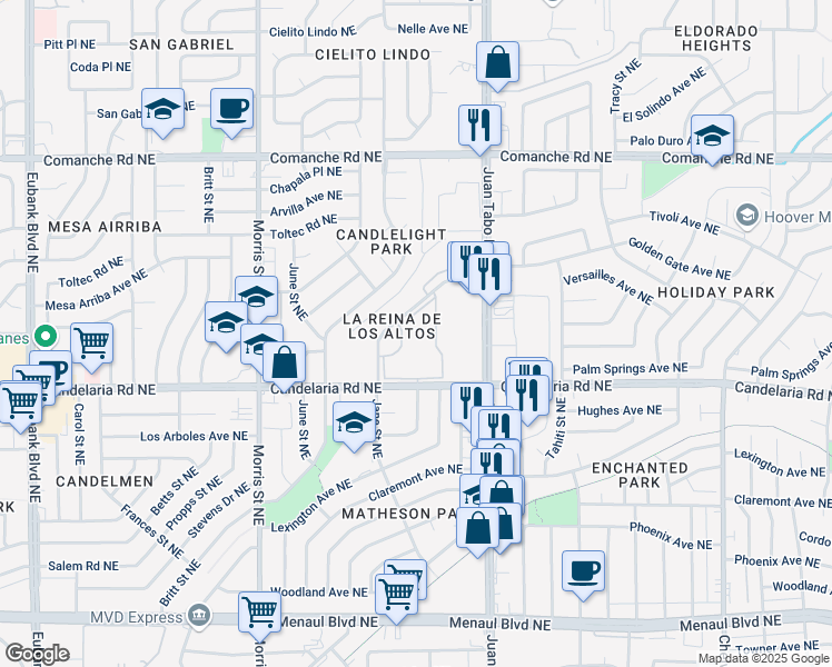 map of restaurants, bars, coffee shops, grocery stores, and more near 3100 Jane Place Northeast in Albuquerque
