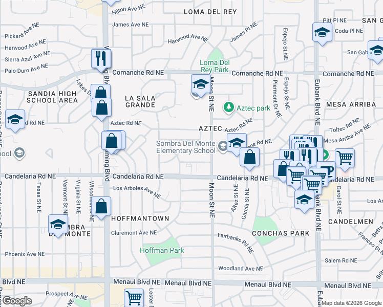 map of restaurants, bars, coffee shops, grocery stores, and more near 9000 Shoshone Road Northeast in Albuquerque
