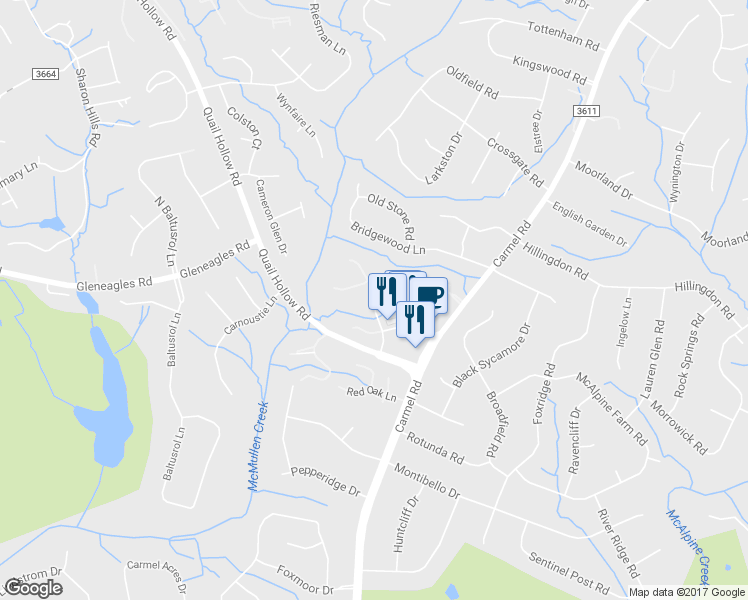 map of restaurants, bars, coffee shops, grocery stores, and more near 4012 Quail Forest Drive in Charlotte