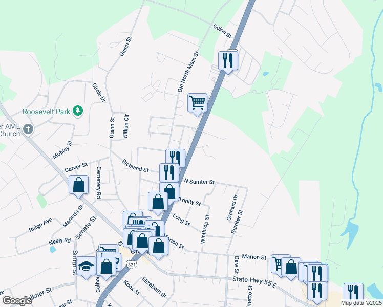 map of restaurants, bars, coffee shops, grocery stores, and more near Main St N in Clover