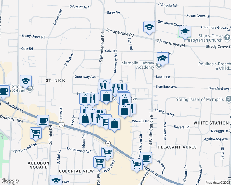 map of restaurants, bars, coffee shops, grocery stores, and more near 5050 Sanderlin Ave in Memphis