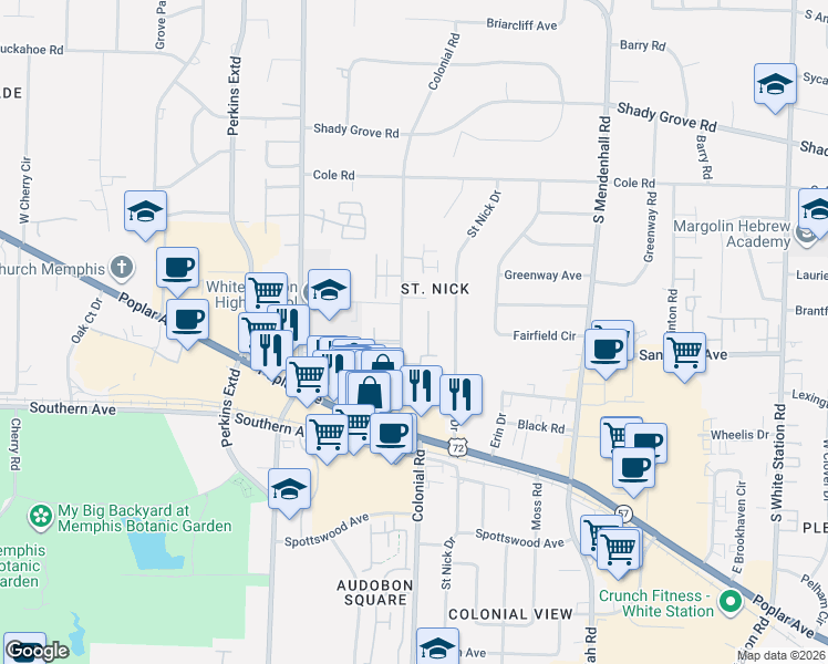 map of restaurants, bars, coffee shops, grocery stores, and more near 480 Colonial Road in Memphis
