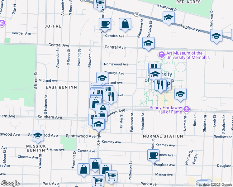 map of restaurants, bars, coffee shops, grocery stores, and more near 3582 Mynders Avenue in Memphis