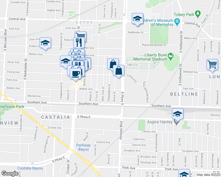 map of restaurants, bars, coffee shops, grocery stores, and more near 1011 Philadelphia Street in Memphis