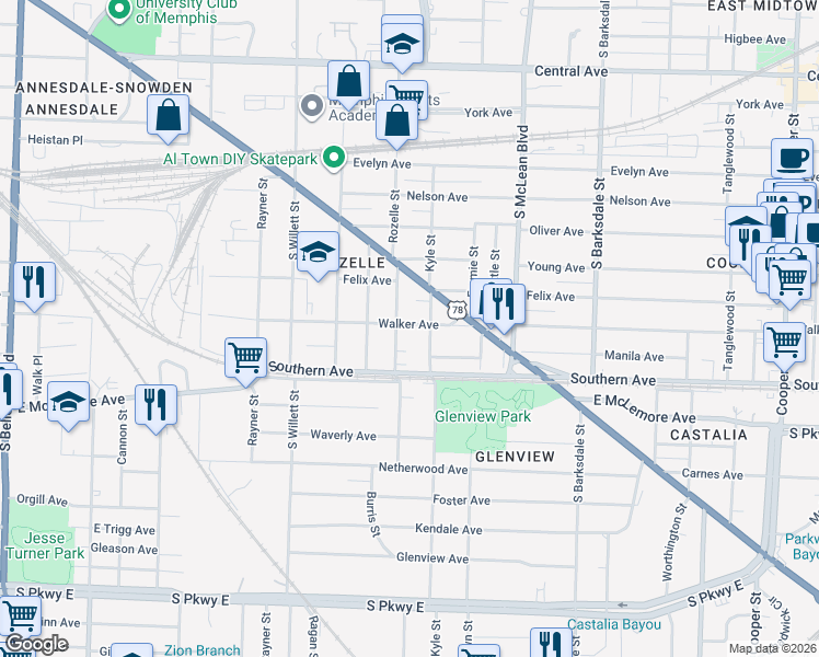 map of restaurants, bars, coffee shops, grocery stores, and more near 1676 Walker Avenue in Memphis