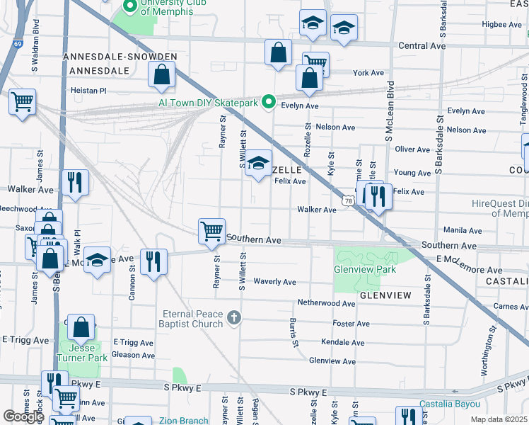 map of restaurants, bars, coffee shops, grocery stores, and more near 1595 Walker Avenue in Memphis
