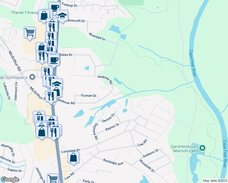 map of restaurants, bars, coffee shops, grocery stores, and more near 400 Andover Road in Fayetteville