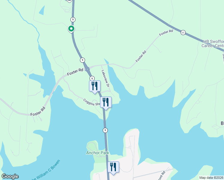 map of restaurants, bars, coffee shops, grocery stores, and more near 183 Lakeview Drive in Inman