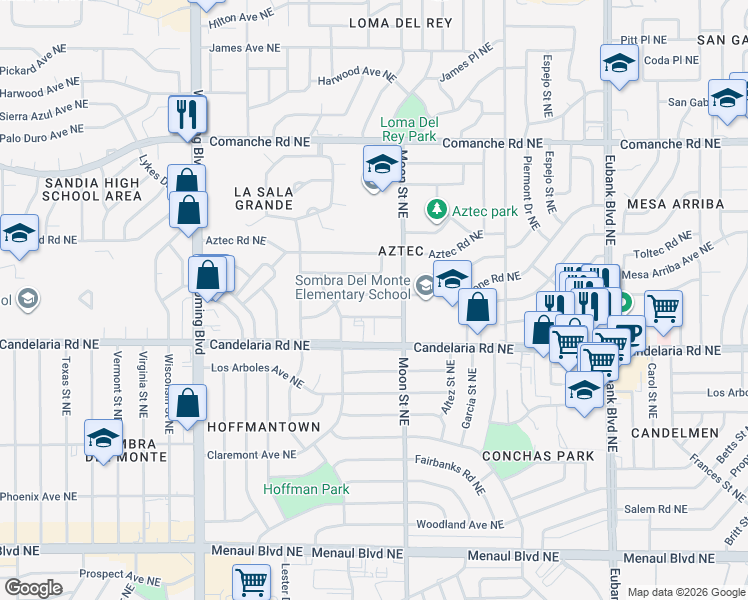map of restaurants, bars, coffee shops, grocery stores, and more near 9000 Shoshone Road Northeast in Albuquerque