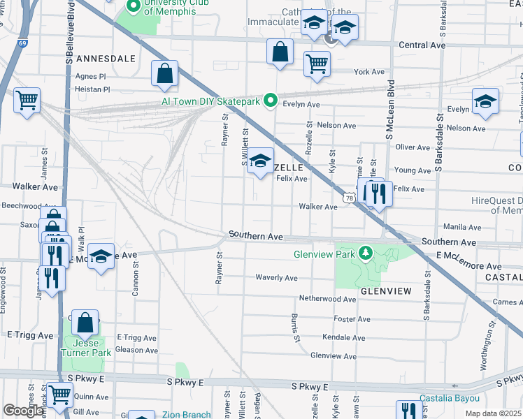 map of restaurants, bars, coffee shops, grocery stores, and more near 1595 Walker Avenue in Memphis