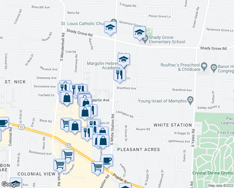 map of restaurants, bars, coffee shops, grocery stores, and more near 480 South White Station Road in Memphis