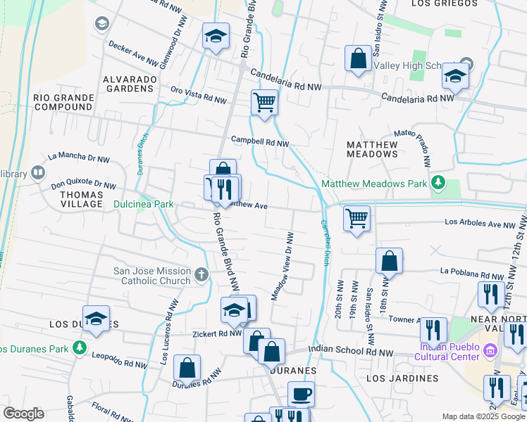map of restaurants, bars, coffee shops, grocery stores, and more near 2232 Matthew Avenue in Albuquerque