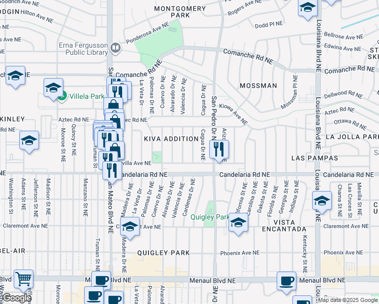 map of restaurants, bars, coffee shops, grocery stores, and more near 3117 Cardenas Drive Northeast in Albuquerque