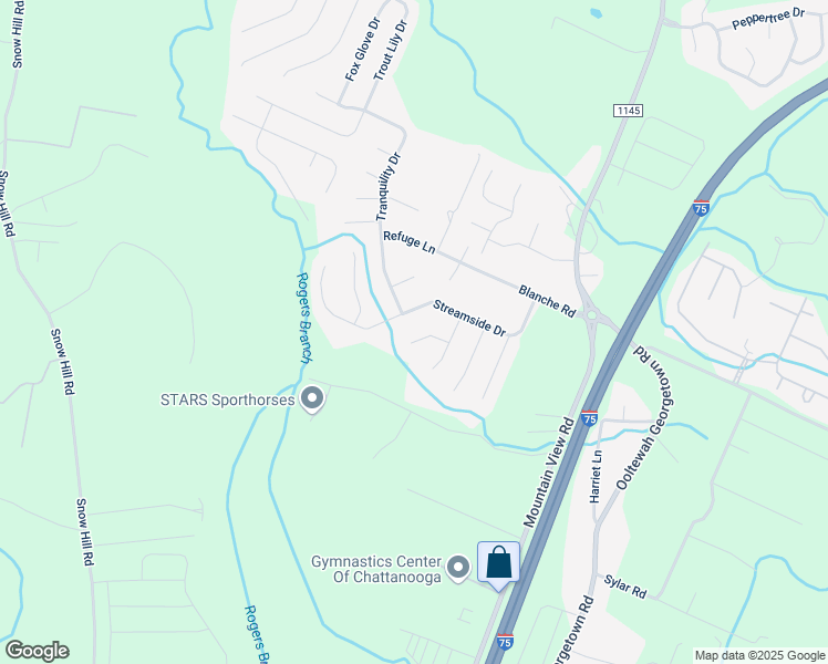 map of restaurants, bars, coffee shops, grocery stores, and more near 8686 Streamside Drive in Ooltewah