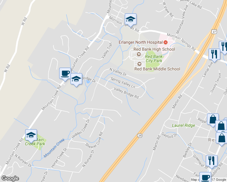 map of restaurants, bars, coffee shops, grocery stores, and more near 634 Valley Bridge Road in Chattanooga