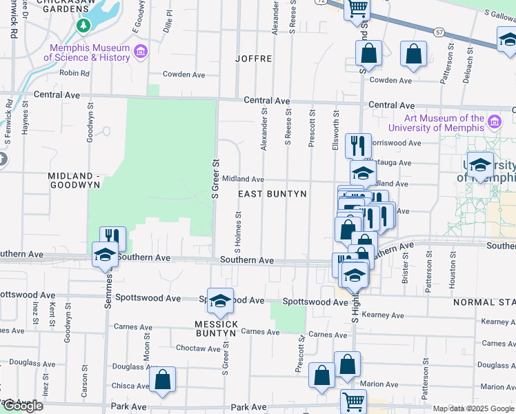 map of restaurants, bars, coffee shops, grocery stores, and more near 505 Alexander Street in Memphis