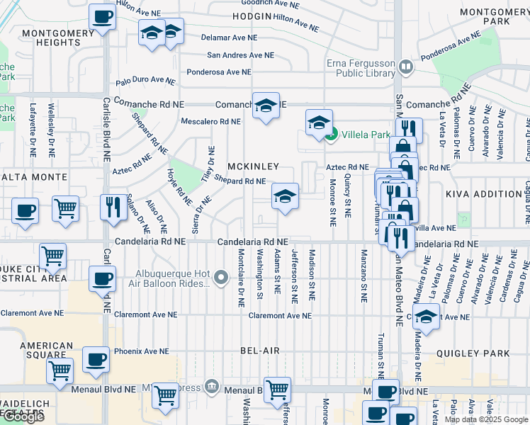 map of restaurants, bars, coffee shops, grocery stores, and more near 3299 Adams Street Northeast in Albuquerque