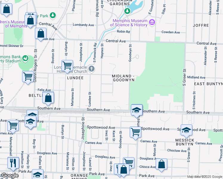map of restaurants, bars, coffee shops, grocery stores, and more near 515 Goodland Street in Memphis