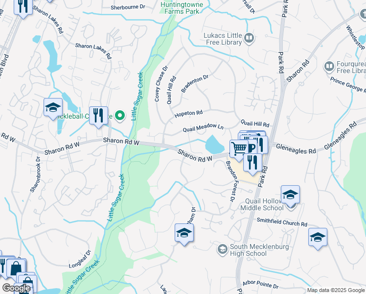 map of restaurants, bars, coffee shops, grocery stores, and more near 2424 Quail Lake Drive in Charlotte