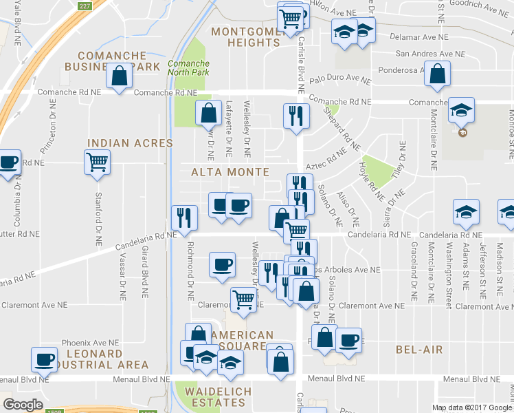 map of restaurants, bars, coffee shops, grocery stores, and more near 3121 Amherst Drive Northeast in Albuquerque