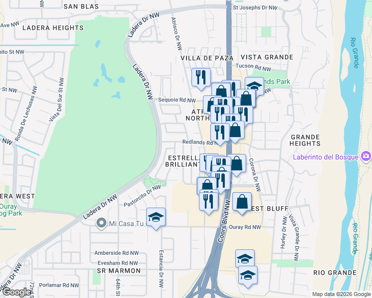 map of restaurants, bars, coffee shops, grocery stores, and more near 3020 Estrella Brillante Street Northwest in Albuquerque