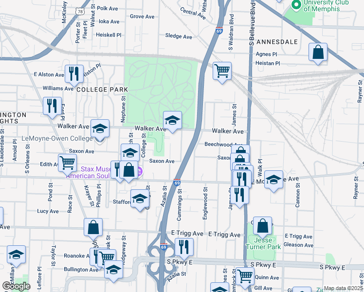 map of restaurants, bars, coffee shops, grocery stores, and more near 1037 Cummings Street in Memphis