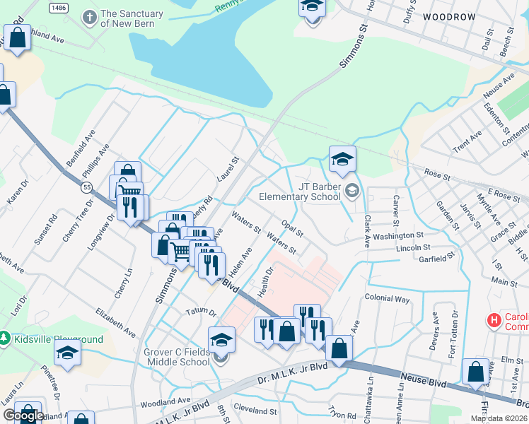 map of restaurants, bars, coffee shops, grocery stores, and more near 2103 Opal Street in New Bern