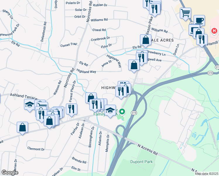 map of restaurants, bars, coffee shops, grocery stores, and more near 4103 Oakmont Drive in Chattanooga