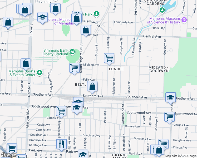 map of restaurants, bars, coffee shops, grocery stores, and more near 518 Boston Street in Memphis