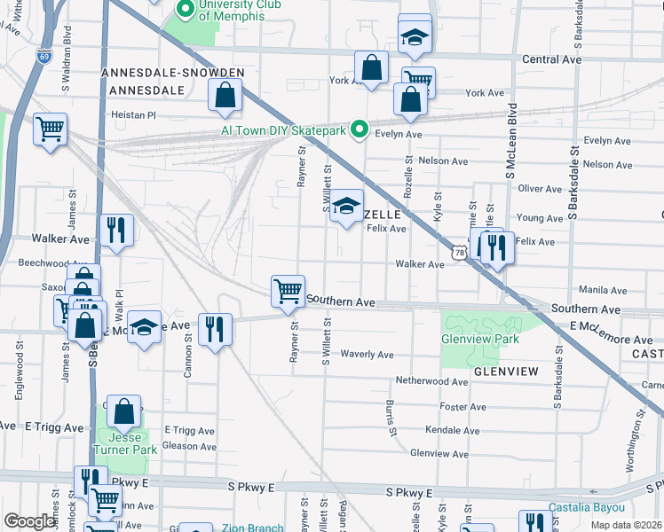 map of restaurants, bars, coffee shops, grocery stores, and more near 1032 South Willett Street in Memphis