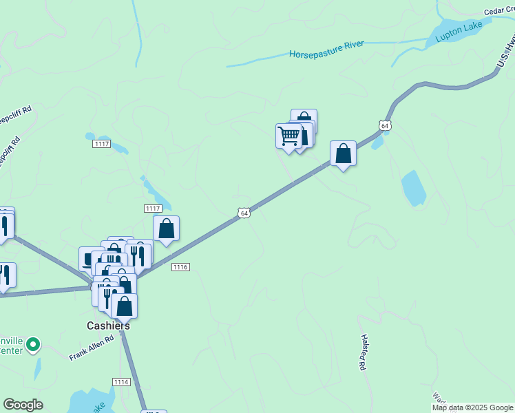 map of restaurants, bars, coffee shops, grocery stores, and more near 650 U.S. 64 in Cashiers