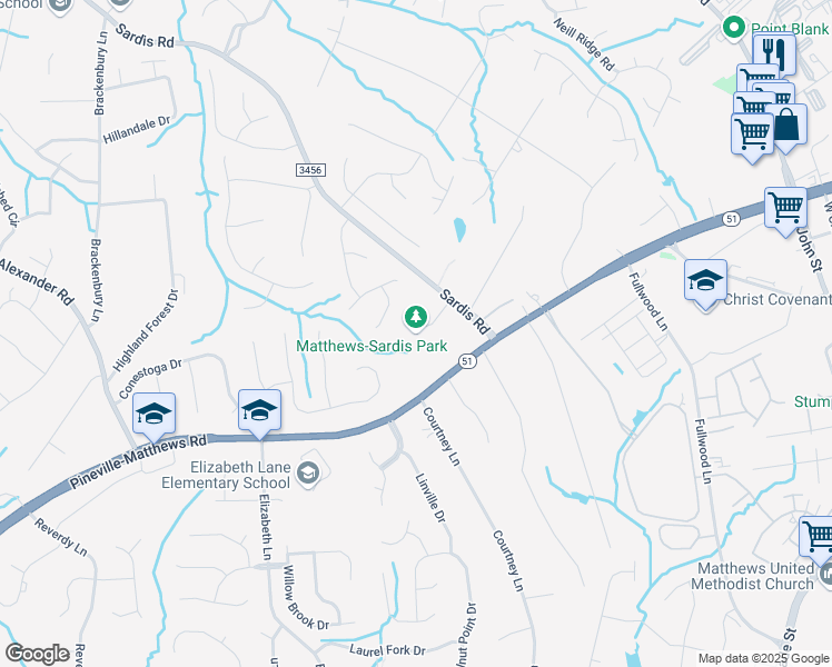 map of restaurants, bars, coffee shops, grocery stores, and more near 9650 Sardis Road in Matthews