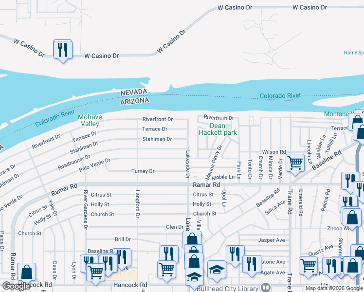 map of restaurants, bars, coffee shops, grocery stores, and more near 985 Roadrunner Drive in Bullhead City