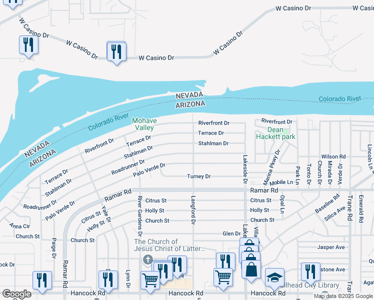 map of restaurants, bars, coffee shops, grocery stores, and more near 863 Roadrunner Drive in Bullhead City
