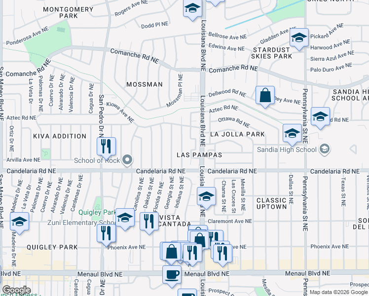 map of restaurants, bars, coffee shops, grocery stores, and more near 3100 Indiana Street Northeast in Albuquerque