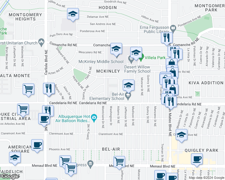 map of restaurants, bars, coffee shops, grocery stores, and more near 3299 Adams Street Northeast in Albuquerque