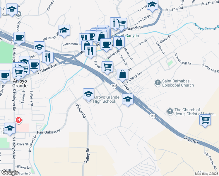 map of restaurants, bars, coffee shops, grocery stores, and more near 417 Orchard Street in Arroyo Grande
