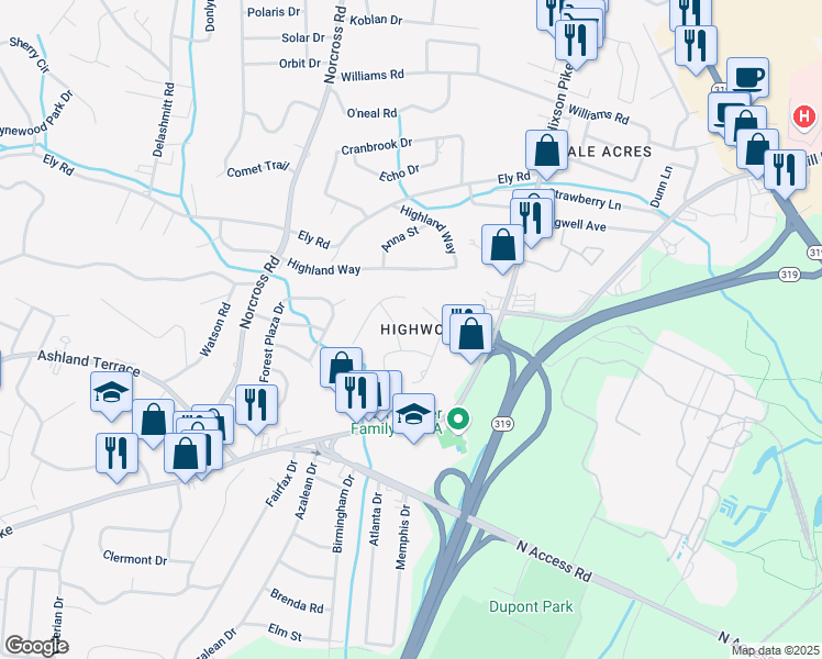 map of restaurants, bars, coffee shops, grocery stores, and more near 4103 Oakmont Drive in Chattanooga