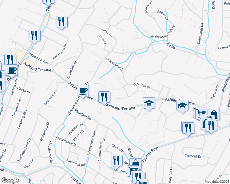 map of restaurants, bars, coffee shops, grocery stores, and more near 504 Oak Tree Drive in Chattanooga
