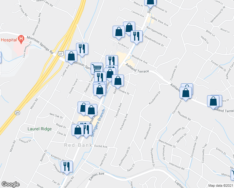 map of restaurants, bars, coffee shops, grocery stores, and more near 3824 Redding Road in Chattanooga
