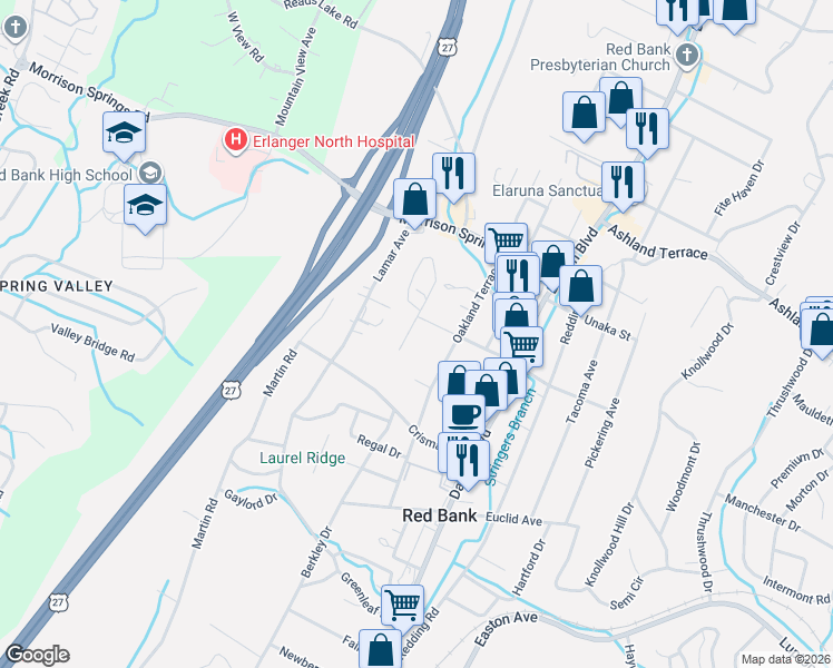 map of restaurants, bars, coffee shops, grocery stores, and more near 208 West Leawood Avenue in Chattanooga