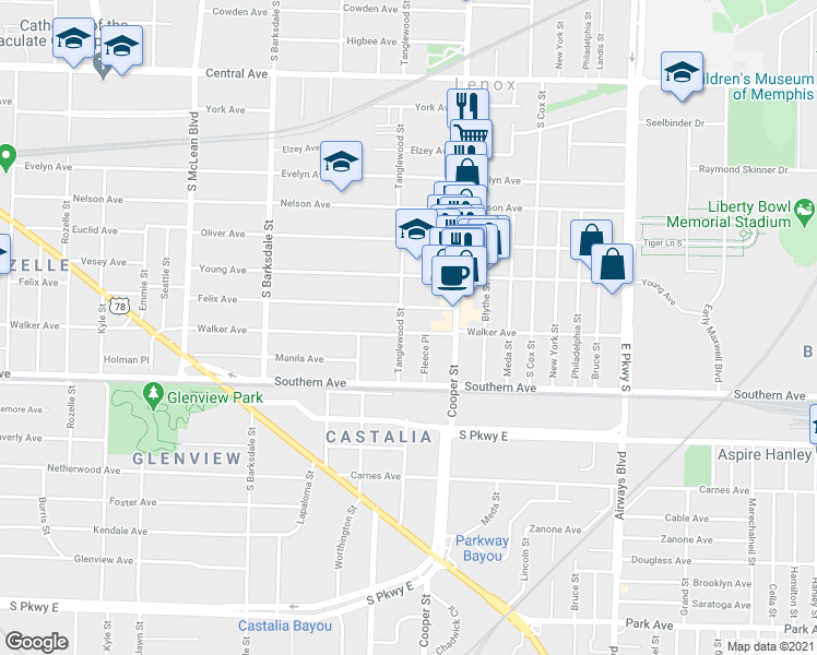 map of restaurants, bars, coffee shops, grocery stores, and more near 2092 Walker Avenue in Memphis