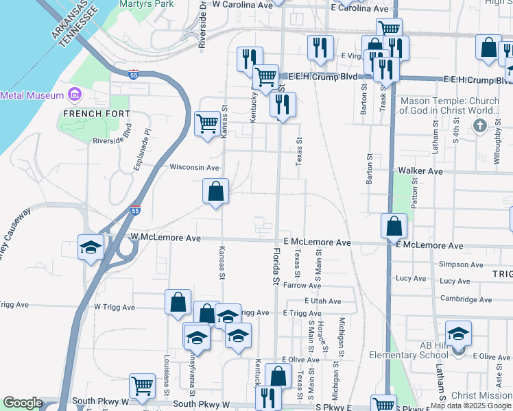 map of restaurants, bars, coffee shops, grocery stores, and more near 1089 Florida Street in Memphis